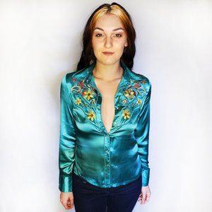 Modern Repro 70s Western top Teal Silk